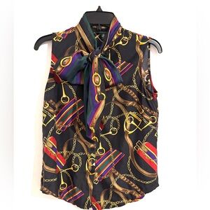 Lauren Ralph Lauren Sleeveless Top Size 4 Gold Chain Print Blouse 100% Silk